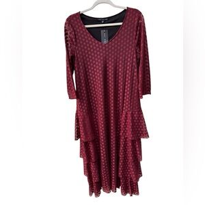Kozan Layered Ruffle Burgundy Polka Dot Mesh 3/4 Sleeve Dress Size Medium NWTS